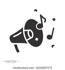 loudspeaker and notes, megaphone makes a sound icon, bullhorn sound, flat vector illustration