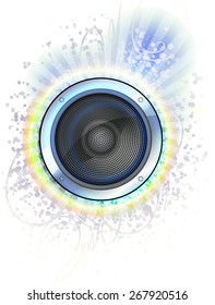 Loudspeaker on the colorful background with rays - abstract disco design.