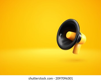 Loudspeaker on yellow background vector illustration. 3d megaphone banner template. Hiring new job vacancy, announcement, special offer