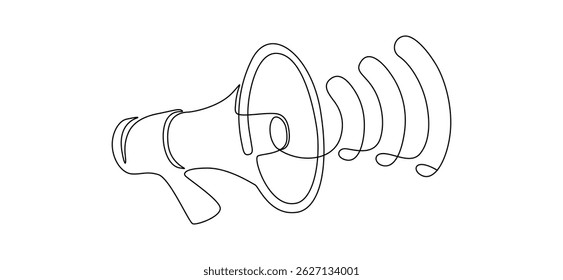 Loudspeaker in one continuous line drawing. Megaphone symbol of marketing promotion in simple linear style. Public horn speaker for attention and job offer. Monoline vector illustration