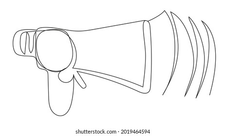 Loudspeaker one line on a white background. Stock illustration with a megaphone outline. The symbol of agitation, advertising, discounts, politics, news, spam, mailing.