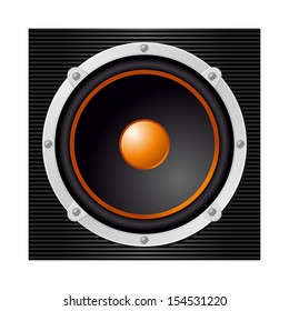 Loudspeaker with orange cap and surround on dark stripped background 