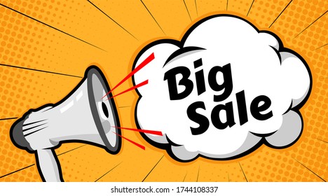 loudspeaker pop art comic cloud bubble. Funny speech bubble. Trendy Colorful retro vintage background in pop art retro comic style. Illustration easy editable 