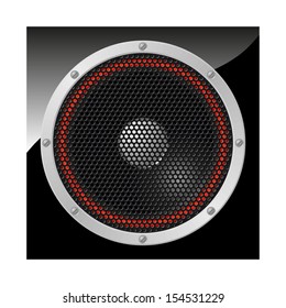 Loudspeaker with red surround covered with speaker grille 