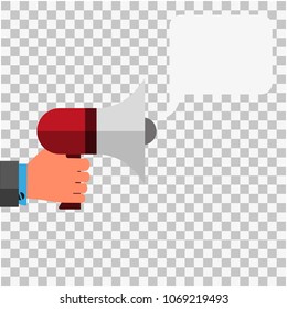 Loudspeaker in the right hand with space for text. Isolated on a transparent background.
