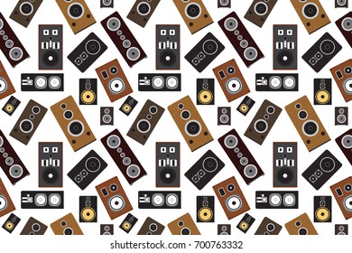 Loudspeaker seamless pattern. Music background with various loudspeakers on white background. Vector illustration.