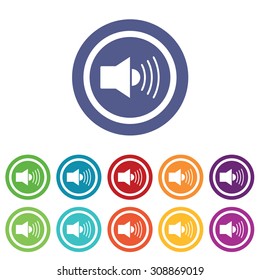 Loudspeaker signs set, on colored circles, isolated on white