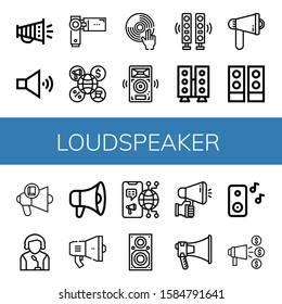 loudspeaker simple icons set. Contains such icons as Megaphone, Speaker, Videocamera, DJ, Speakers, Loudspeaker, Music, Announce, can be used for web, mobile and logo