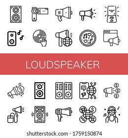 iconos simples de altavoces. Contiene iconos como altavoces, música, videocamera, DJ, megáfono, altavoz, altavoz, anuncio, se pueden usar para web, móvil y logotipo
