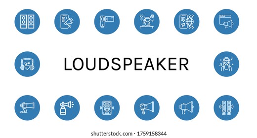 loudspeaker simple icons set. Contains such icons as Speakers, Megaphone, Videocamera, DJ, Loudspeaker, Horn, Music, can be used for web, mobile and logo