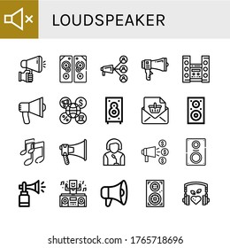 iconos simples de altavoces. Contiene iconos como Silencio, Megáfono, Sistema de sonido, Teatro en casa, Audio, Altavoz, Anuncio, Música, Anuncio, se pueden usar para web, móvil y logotipo