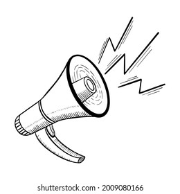 Loudspeaker sketch on white background. Doodle megaphone isolated with shout. Vector illustration.