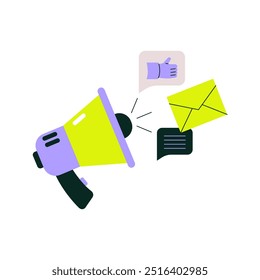 Loudspeaker with social media icons, including like, email, and message, symbolizing communication, email marketing, and customer feedback. Flat vector illustration for online outreach