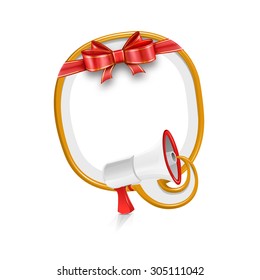 Loudspeaker speach balloon with red bow background