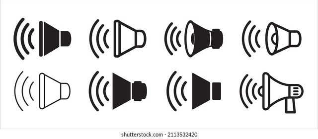 Lautsprecher- und Lautsprecherhorn-Vektorsymbol eingestellt. Symbol für Schreien, Schrei, Lärm, öffentliche Meinungsfreiheit, Werbung, Werbung und Rundfunk. Einfache flache Design-Illustration.
