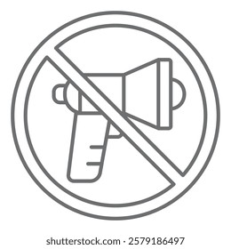 Loudspeaker speech ban thin line icon, prohibited elements concept. Vector graphics. Loud speaker, sound boosting forbidden sign on white background, outline style icon for mobile or web design