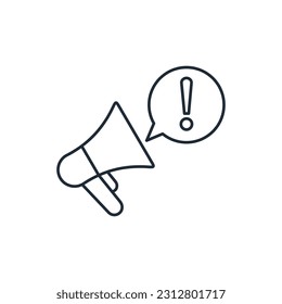 Loudspeaker and speech bubble with exclamation mark. Important announcement, warning.Vector linear icon isolated on white background.