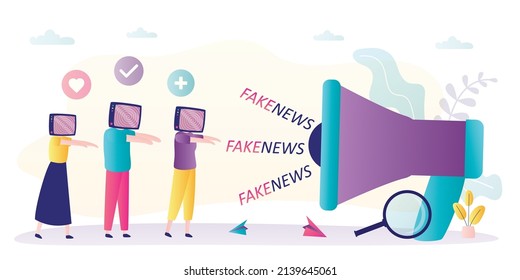 Loudspeaker Spreading Fake News. Hypnotized People Believe All News On TV. Misinformation In Mass Media And Official Channels. Internet Propaganda Concept. Citizens Manipulation. Vector Illustration