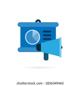 Loudspeaker and statistic chart present icon pictogram. Business symbol for advertising. Flat style. Vector illustration.