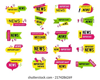 Loudspeaker sticker. Important news banners announce ads stickers discount price recent vector picture set