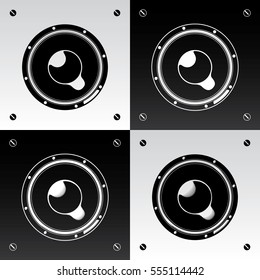 Loudspeaker Subwoofer Music Symbol Design Four Icons Set - Black and White Flat and Engraved Speakers on Similar Background - Silhouette and Woodcut Graphic Style