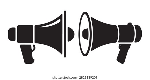 Loudspeaker symbol pair, conversation, discussion, debate, information exchange, speaking, advertising, announcement.
