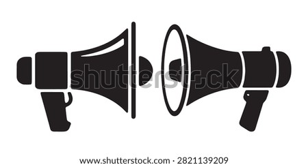 Loudspeaker symbol pair, conversation, discussion, debate, information exchange, speaking, advertising, announcement.