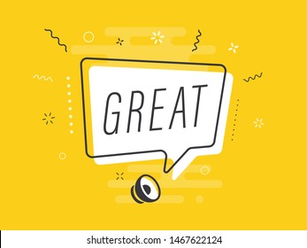 Loudspeaker with text 'great' on Quick Tips badge. Business concept for new ideas creativity and innovative solution. File has clipping path.