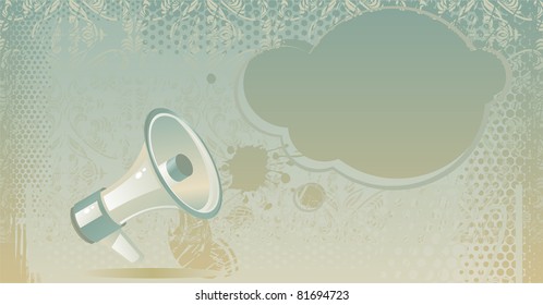 loudspeaker and thought cloud on grungy background