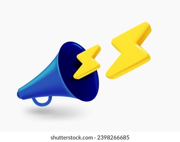 Loudspeaker with thunderbolts. Announcement concept. 3d vector illustration