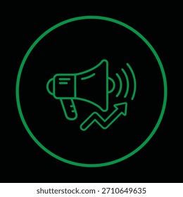 Altavoz e icono de flecha hacia arriba que simboliza el marketing y la promoción exitosos.