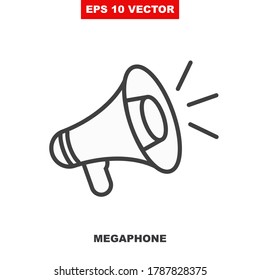 Loudspeaker vector icon for announce in public media. Loud speaker line symbol illustration for clear announcement isolated on white. Megaphone outline sign for notify or warning. V2