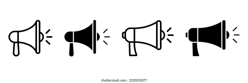 Iconos vectoriales de altavoz en línea y estilo relleno, aislados en blanco. Signo de megáfono con sonido.