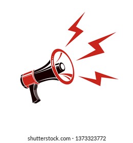 Loudspeaker vector illustration isolated on white and composed with lightning symbol. Power of social message, public relations concept