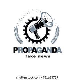 Loudspeaker vector logo isolated on white and surrounded by industrial cog wheel. Propaganda as the means of global manipulation and control.
