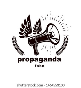 Loudspeaker winged vector logo isolated on white. Misleading and brainwashing information, hoax and fiction 