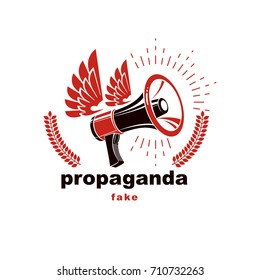 Loudspeaker winged vector logo isolated on white. Misleading and brainwashing information, hoax and fiction 