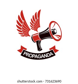Loudspeaker winged vector logo isolated on white. Misleading and brainwashing information, hoax and fiction 