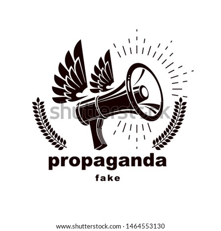 Loudspeaker winged vector logo isolated on white. Misleading and brainwashing information, hoax and fiction 