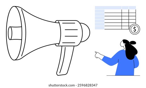 Loudspeaker and woman pointing towards financial chart with a currency symbol. Ideal for advertising, marketing, finance, business development, presentation. Minimalist style