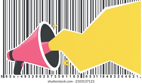 Loudspeaker with yellow text bubble and barcode. Megafon announcement for announcements, promotions, marketing.