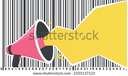 Loudspeaker with yellow text bubble and barcode. Megafon announcement for announcements, promotions, marketing.