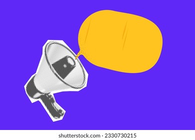 Loudspeakers for collage. megaphones vibrant purple background. Vector halftone illustration Grunge punk element with yellow speech bubble.