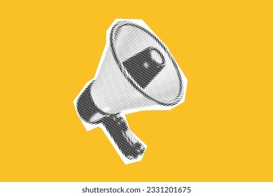 Loudspeakers for collage. megaphones vibrant yellow background. Vector halftone illustration Grunge punk element. 