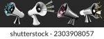 Loudspeakers for collage. Pack of megaphones on transparent background. Vector halftone illustration with elements of a doodle. Grunge punk set. Lightning blah lines. 