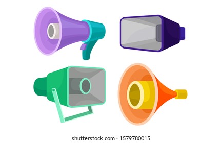 Loudspeakers Collection, Colorful Megaphones, Symbol of Promotion, Announce, Advertising Vector Illustration