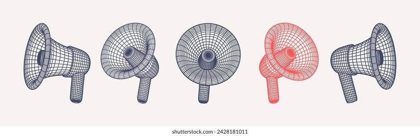Marco de alambre de la colección de altavoces. Colección de megáfonos de malla de alambre 3d sobre fondo blanco. Anuncios futuristas, promoción, anuncios, marketing cibernético aislado vector elementos de diseño. 