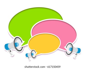 Loudspeakers and comic speech bubbles. Vector illustration.