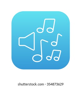 Lautsprecher mit Musiknoten-Line-Symbol für Web-, Mobil-und Infografiken. Vektorweißes Symbol auf dem blauen Farbverlauf-Quadrat mit abgerundeten Ecken einzeln auf weißem Hintergrund.
