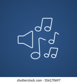Altavoces con notas musicales icono de línea para web, móvil e infografía. Icono azul claro del vector aislado en fondo azul.